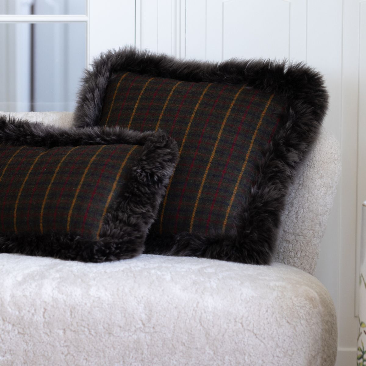 One Side Cushion | Long Wool | 52x52 cm Cocoa-Dark Brown/Taupe