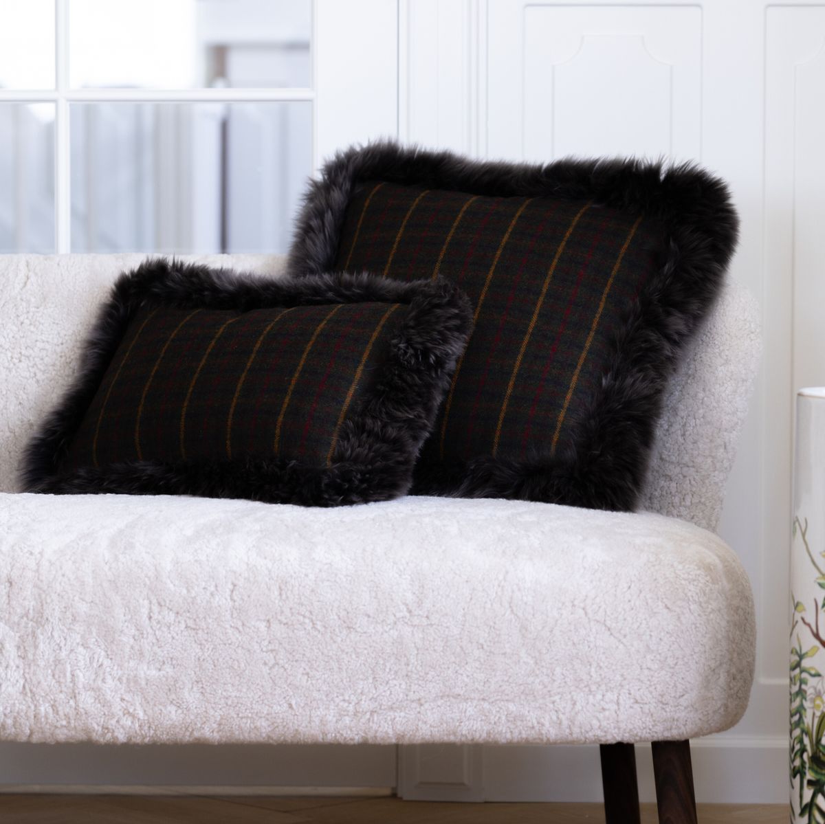 Wool Cushion Rectangular | Doublesided | Long Wool trim | 34x52 cm Cocoa-Dark Brown/Taupe