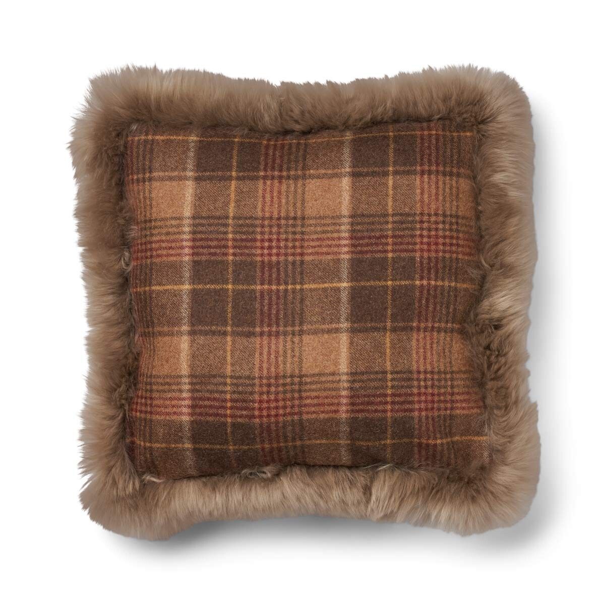 Wool Cushion | Doublesided | Long Wool trim | 52x52 cm Cocoa-Dark Brown/Taupe