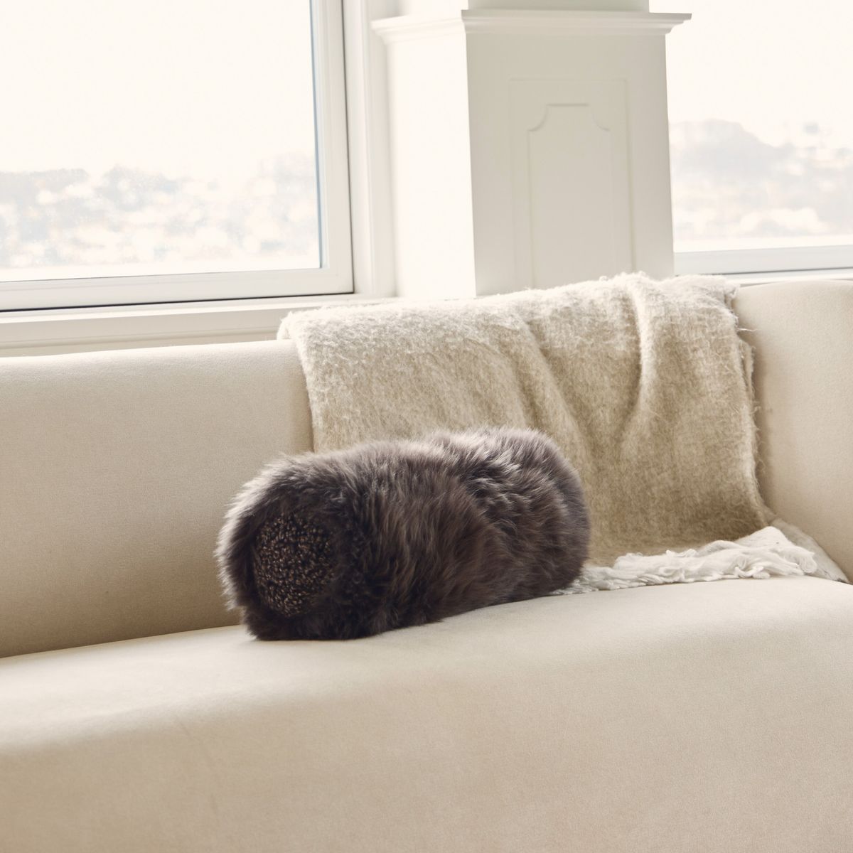 Sheepskin Bolster Cushion | D20xL52 cm Black/Black