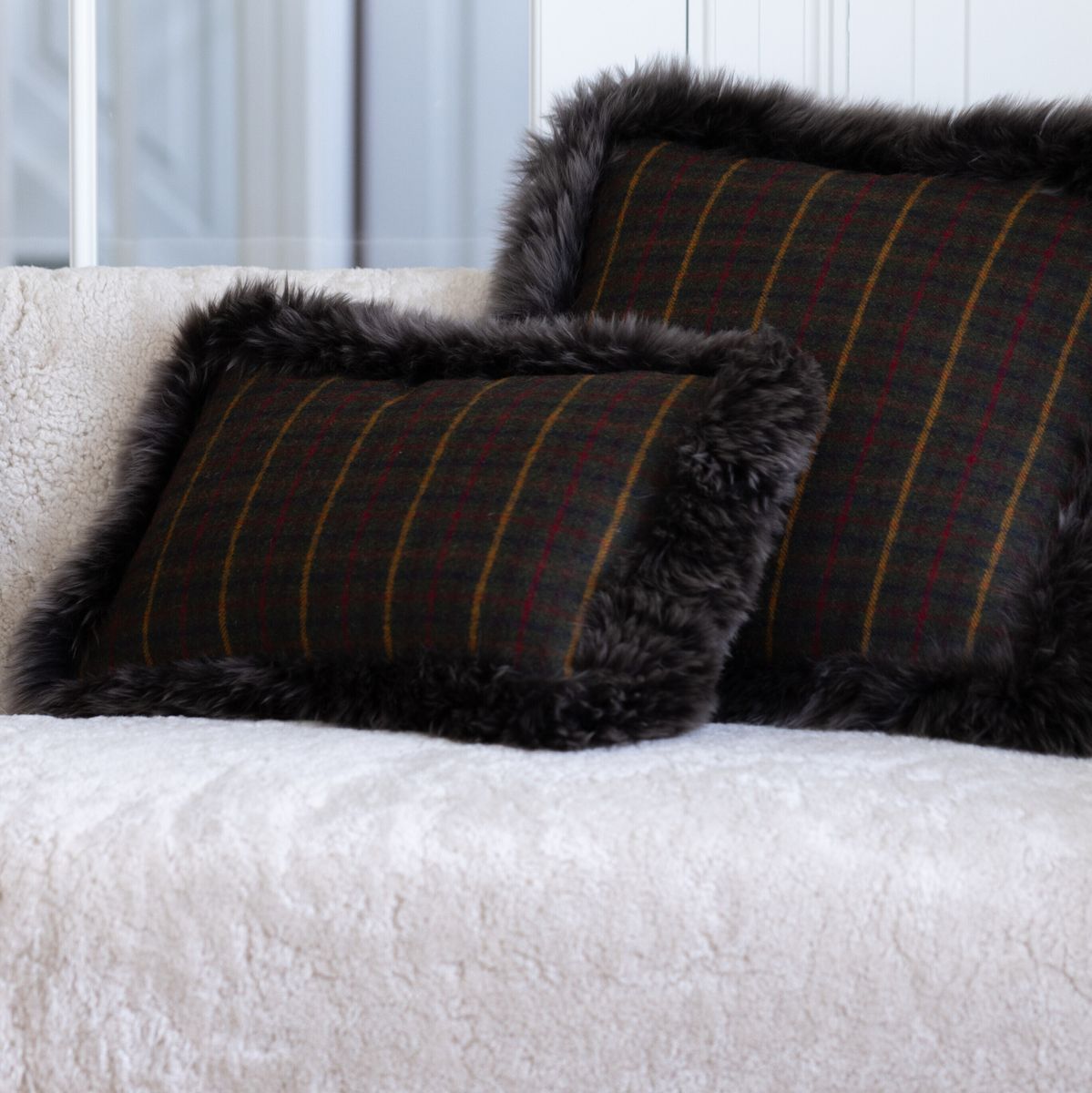 Wool Cushion | Doublesided | Long Wool trim | 52x52 cm | 34x52 cm Cocoa-Dark Brown/Taupe