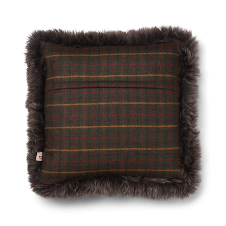 Wool Cushion | Doublesided | Long Wool trim | 52x52 cm Kilberry Fir-Dark Green/Walnut