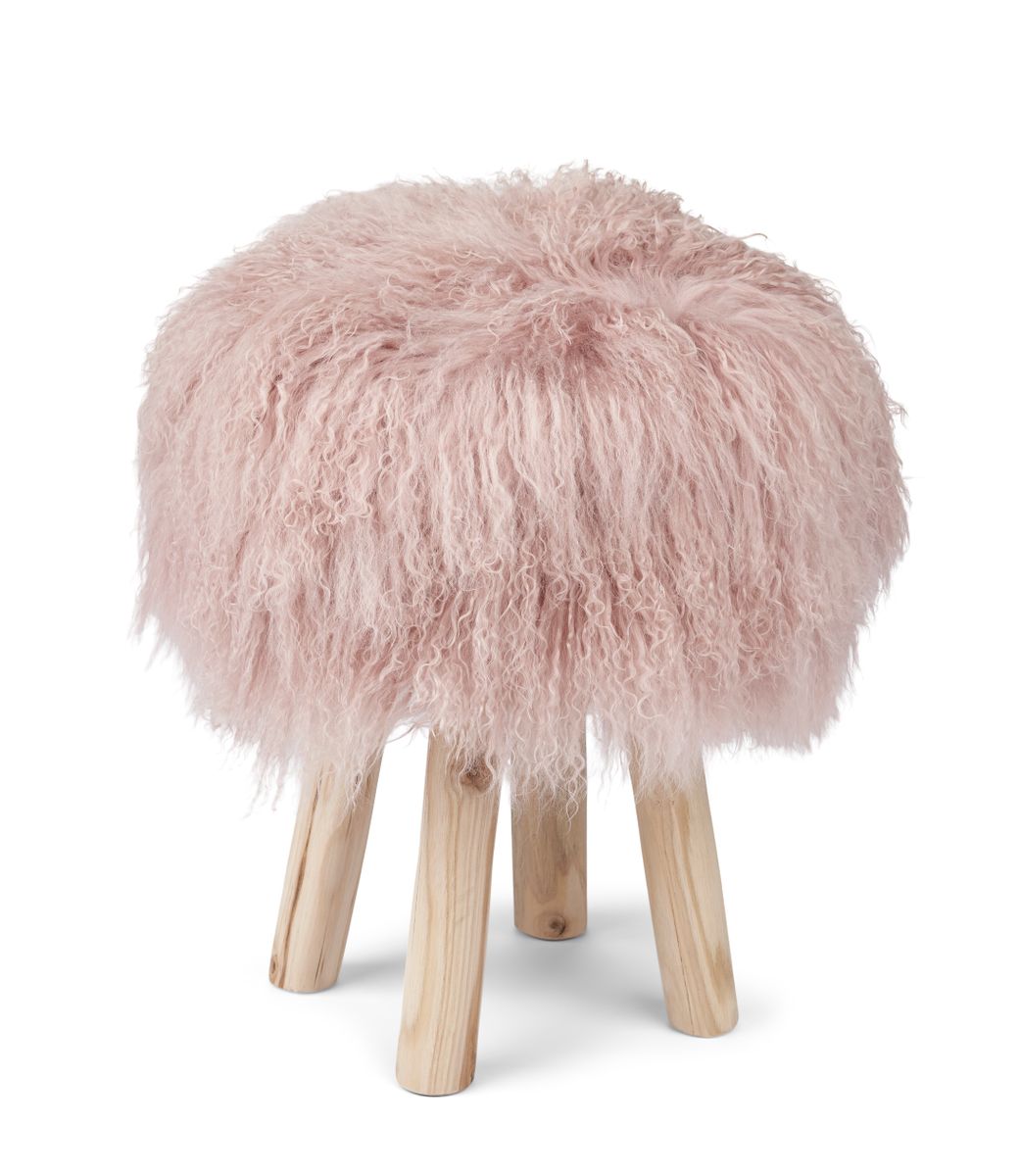 Theo Stool + Cover | Oak Legs | Mongolian Sheepskin Rosa