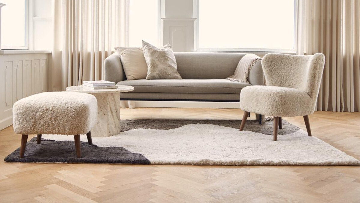 Short Wool Curly Sheepskin River Design Rug Anthracite/Pearl/Taupe