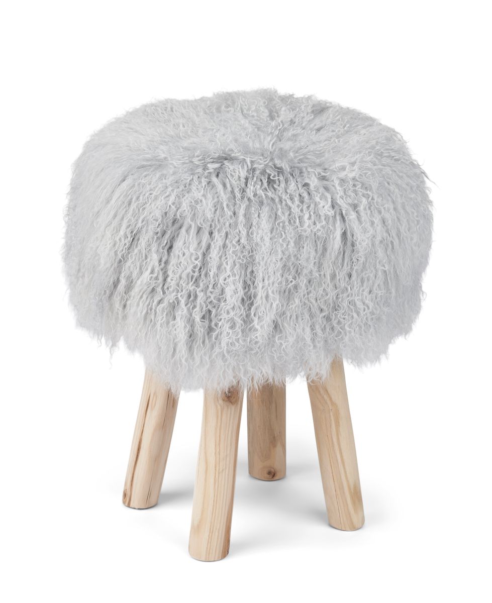 Theo Stool + Cover | Oak Legs | Mongolian Sheepskin Light Grey