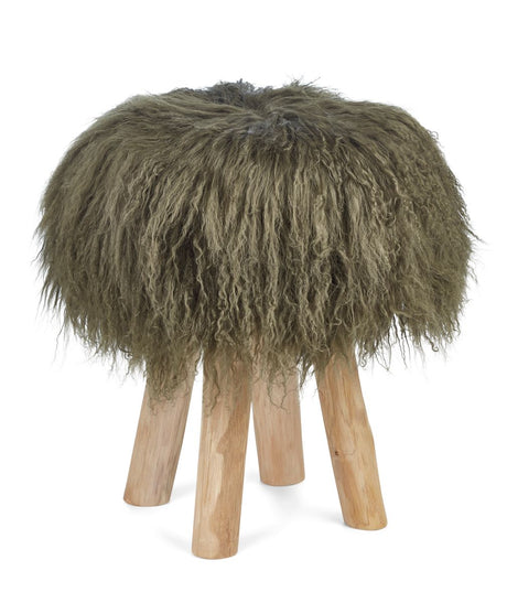 Theo Stool + Cover | Oak Legs | Mongolian Sheepskin Hedge Green