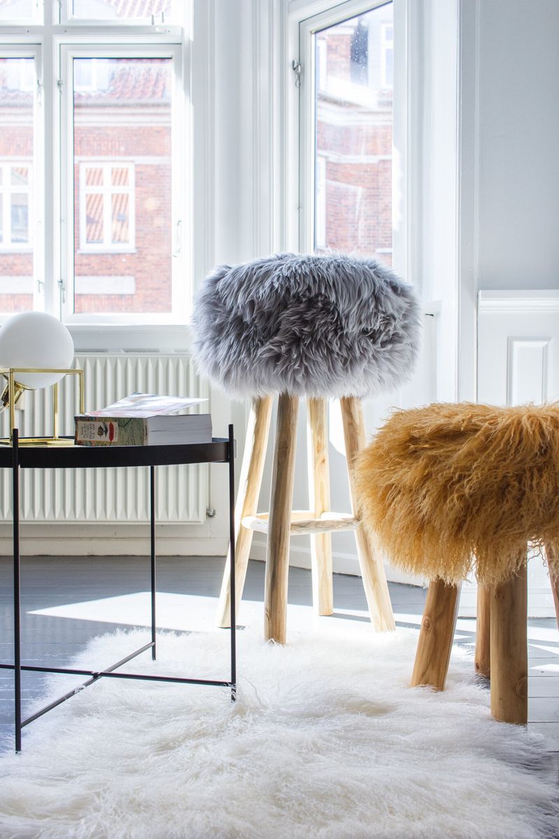 Theo Bar Stool + Cover | Oak Legs | Tibet Sheepskin Arctic Sunrise