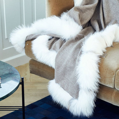 Throw of Cashmere with Fox Trimming Silver Fox/Dark Grey