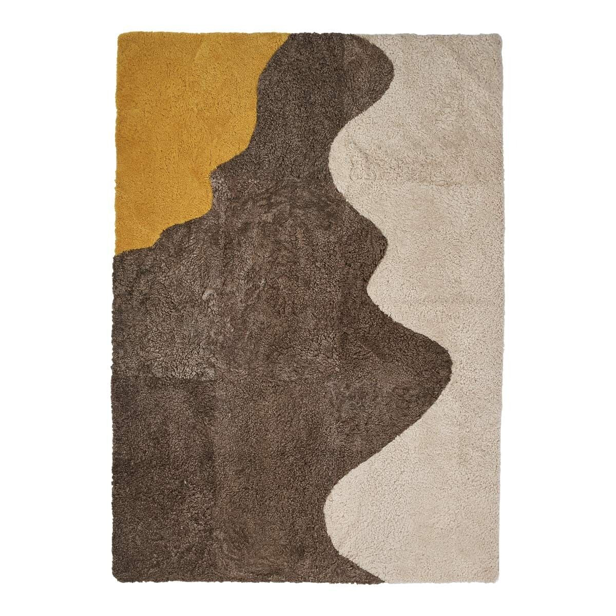 Short Wool Curly Sheepskin River Design Rug Yellow/Taupe/Pearl