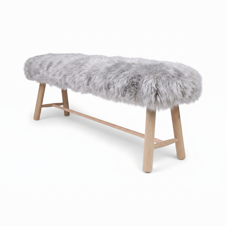 Theodor Bench | New Zealand Long Wool Sheepskin | 140x35x45 cm Light Grey