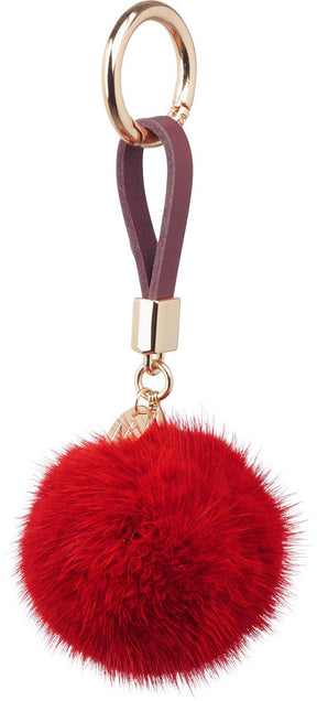 Pom Pom Keyring Leather Strap Orange Red