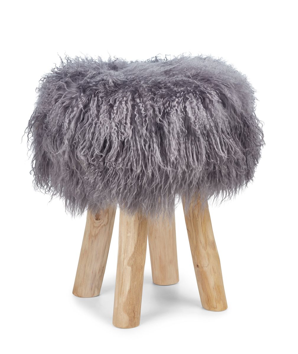 Theo Stool + Cover | Oak Legs | Mongolian Sheepskin Steel