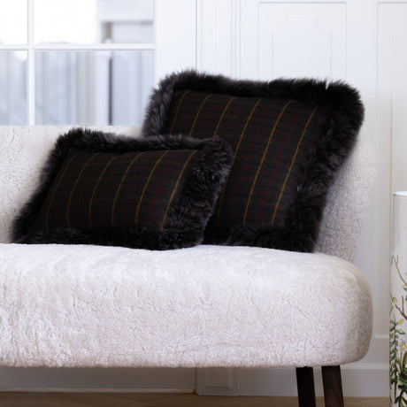 Wool Cushion Rectangular | Doublesided | Long Wool trim | 34x52 cm Cocoa-Dark Brown/Taupe