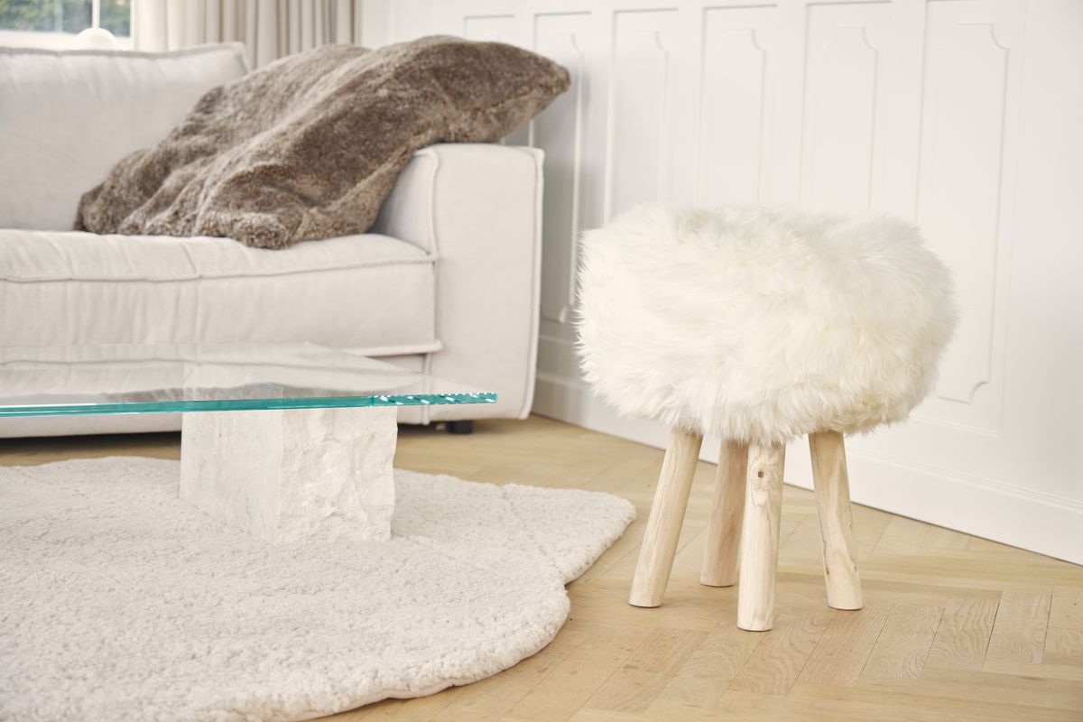 Long Wool Stool Cover | Ø35xH17 cm Ivory