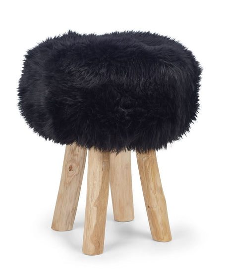 Theo Stool + Cover | Oak Legs | New Zealand Sheepskin Black