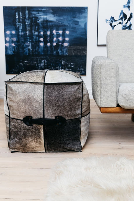 Calf Leather Pouf W/handle | Square |45x45x45 cm Grey