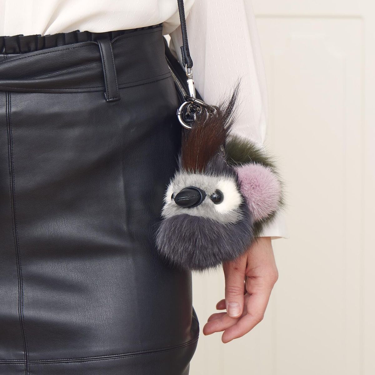 Pom Pom Keyring Leather Strap Autumn Marble