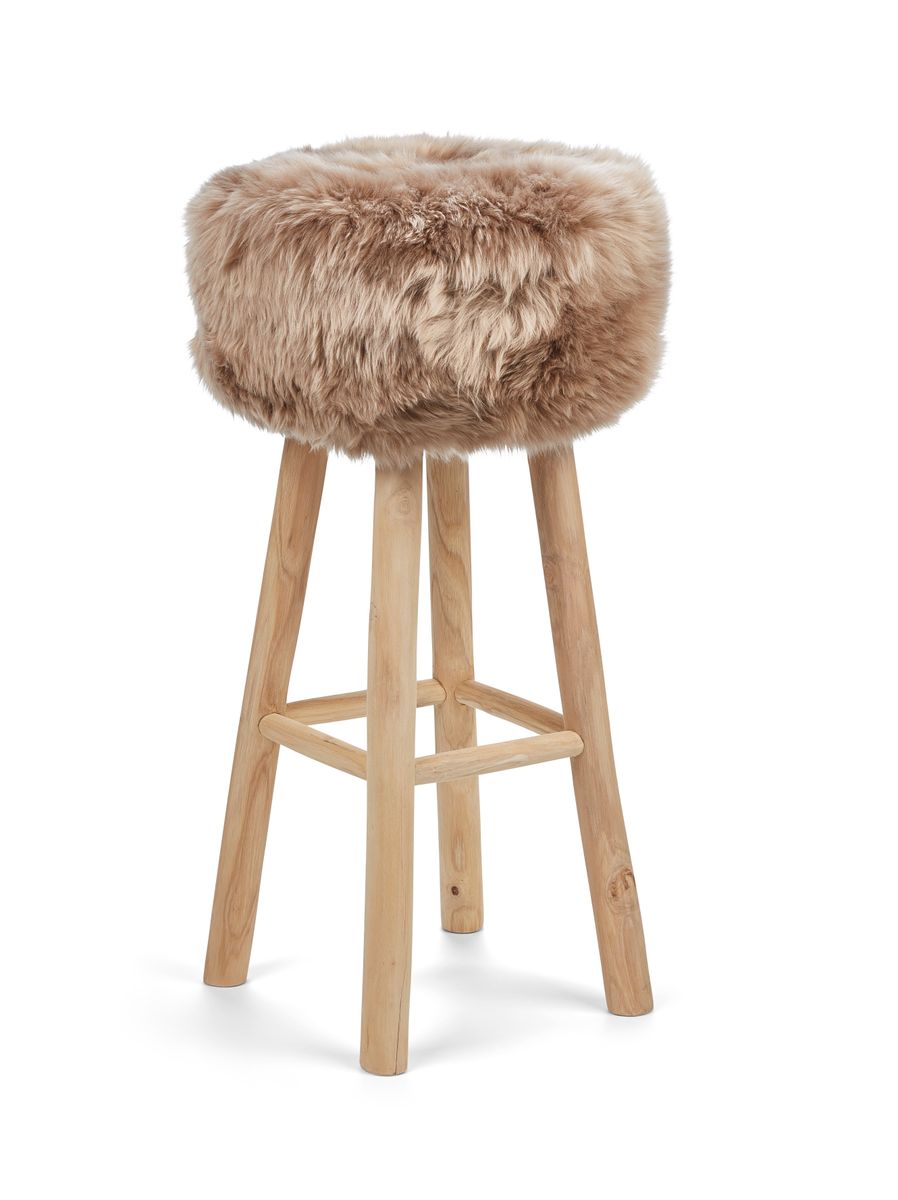 Theo Bar Stool + Cover | Oak Legs | New Zealand Sheepskin Taupe