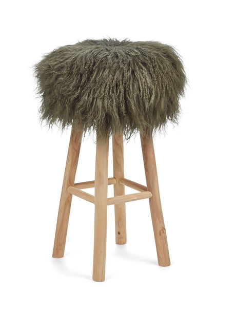Theo Bar Stool + Cover | Oak Legs | Tibet Sheepskin Hedge Green