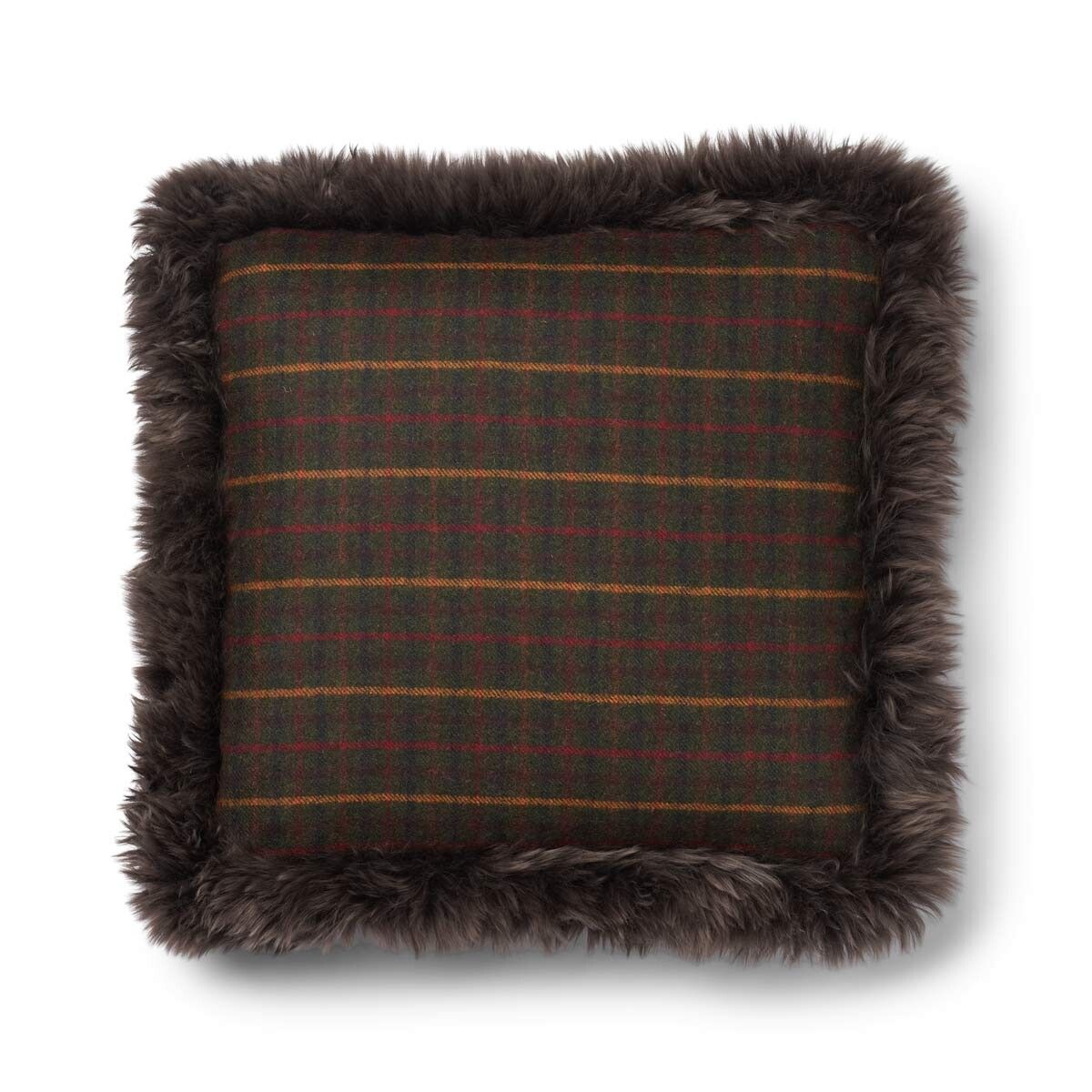 Wool Cushion | Doublesided | Long Wool trim | 52x52 cm | 34x52 cm Kilberry Fir-Dark Green/Walnut