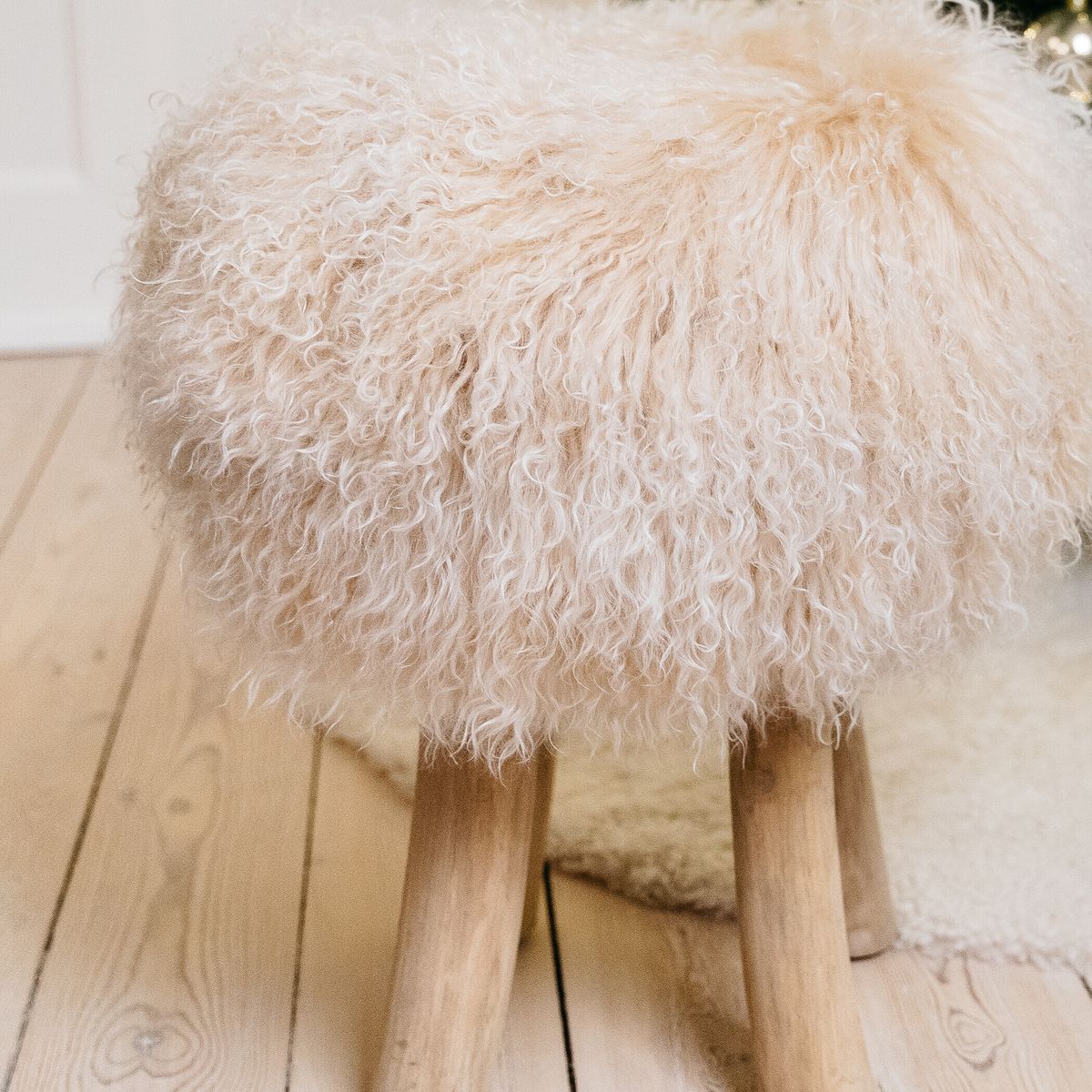Theo Stool + Cover | Oak Legs | Mongolian Sheepskin Black