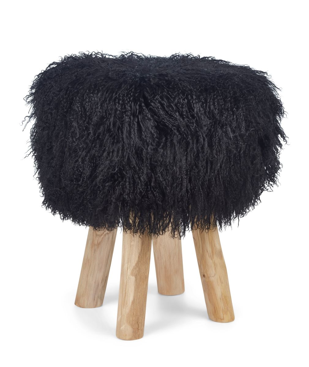 Theo Stool + Cover | Oak Legs | Mongolian Sheepskin Black