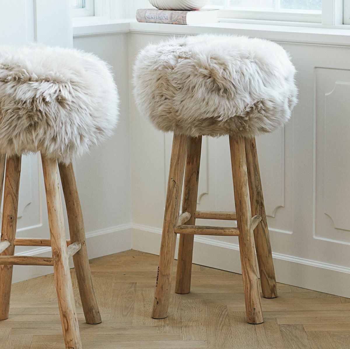 Theo Bar Stool + Cover | Oak Legs | New Zealand Sheepskin Walnut