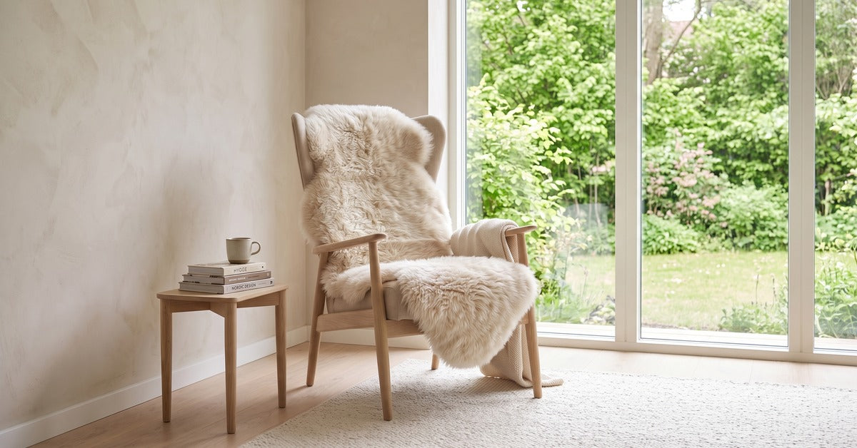 Armchair with a sheepskin by a window overlooking the garden